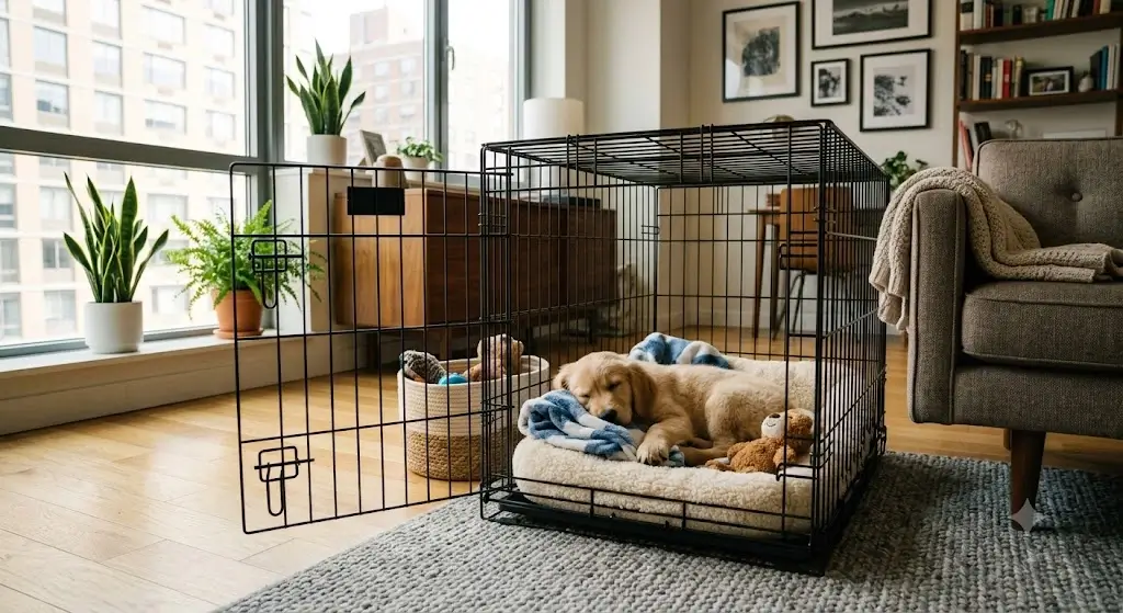 A puppy resting in a comfortable crate inside an apartment