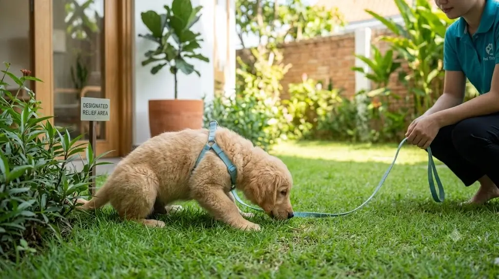 A puppy on a leash sniffing a quiet, designated grassy patch in a residential yard