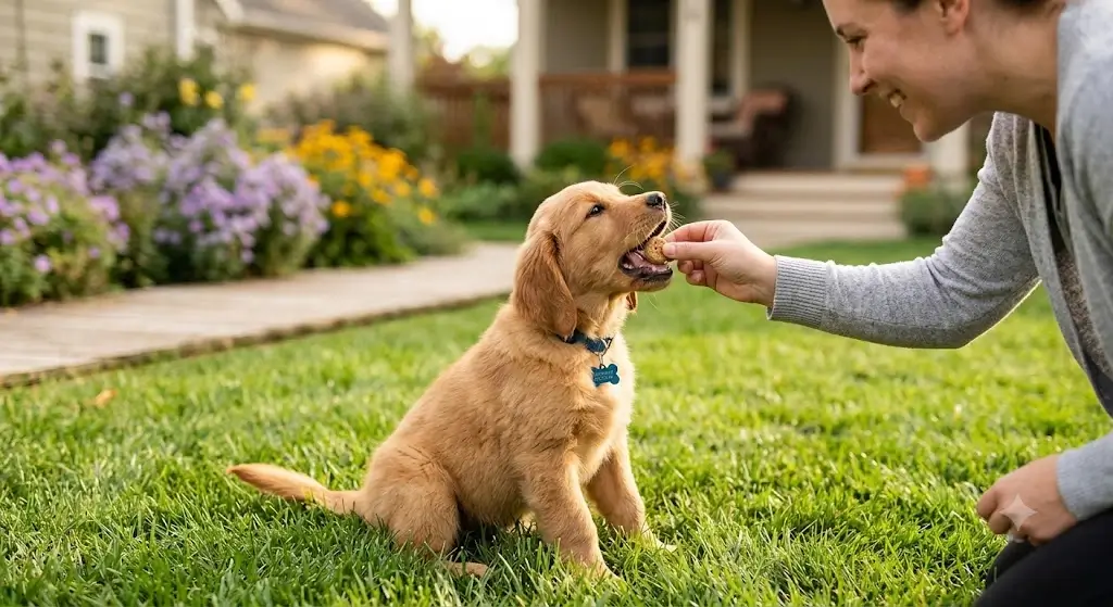 Rewarding puppy with treat outside in grass