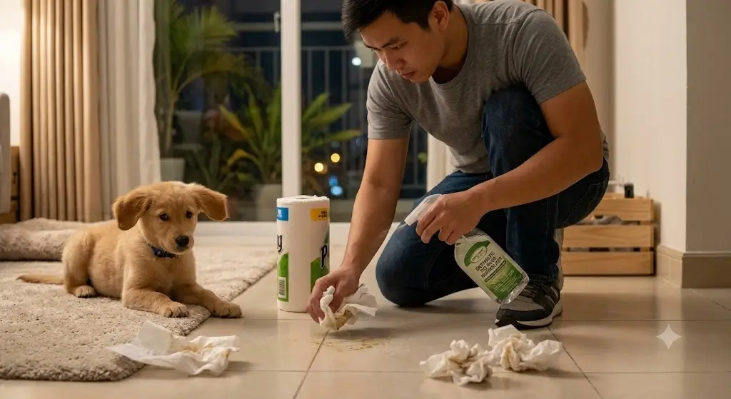 Owner cleaning up a puppy accident using an enzymatic spray and paper towels