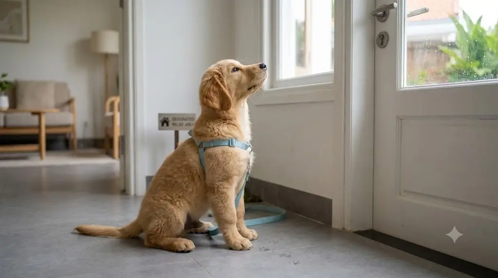 A puppy sitting politely by the exit door, signaling to go outside for a potty break