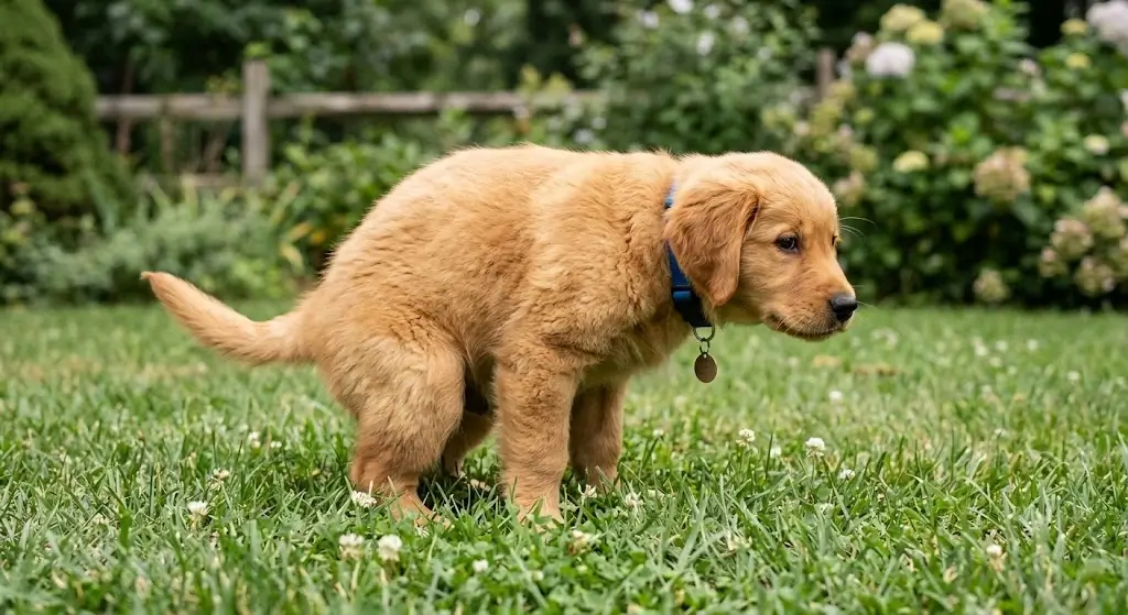 Golden retriever puppy squatting to eliminate on grass outdoors