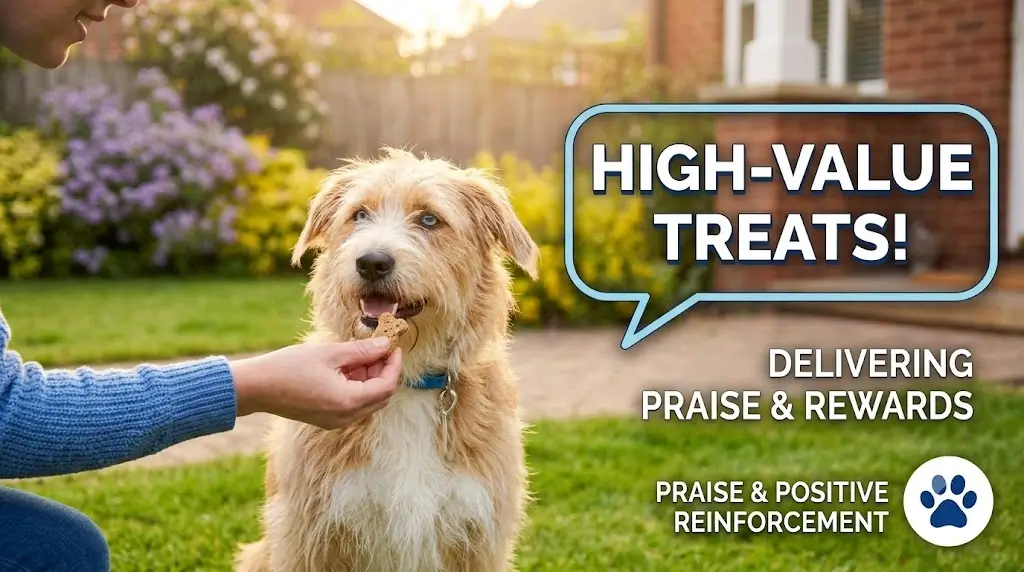 Owner offering high-value treat and praise to rescue dog outside on the grass
