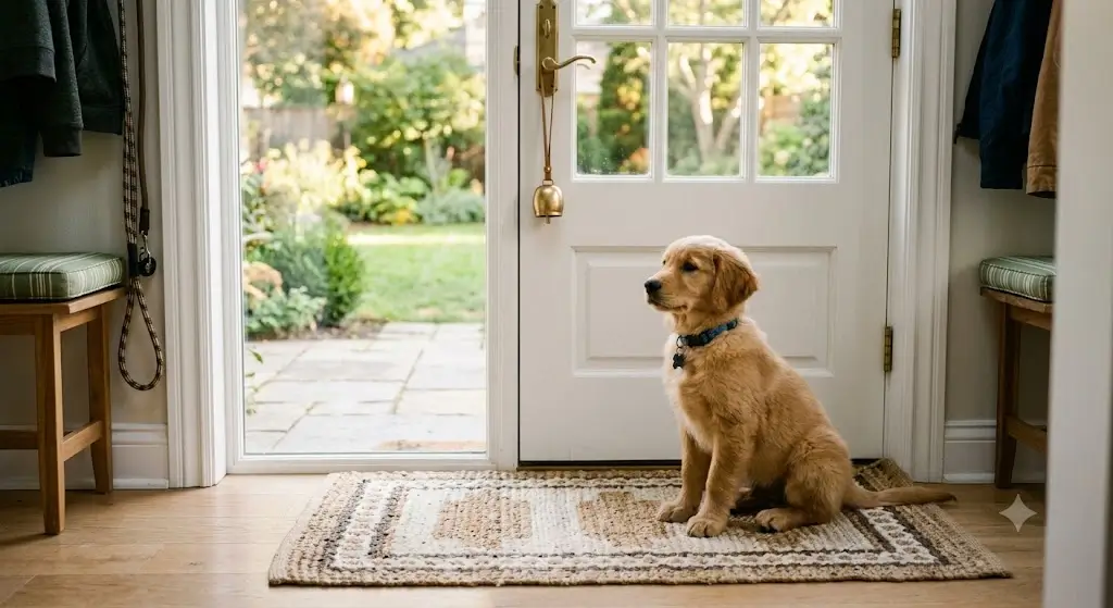 Puppy calmly sitting on a mat by the door waiting to go outside
