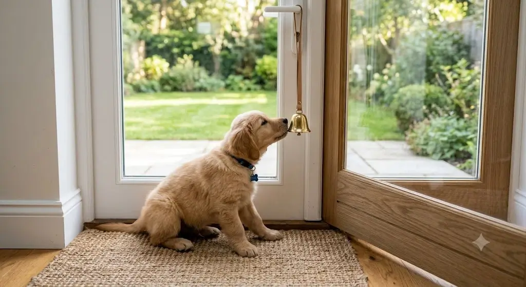 Puppy touching a potty training bell with its nose near the back door