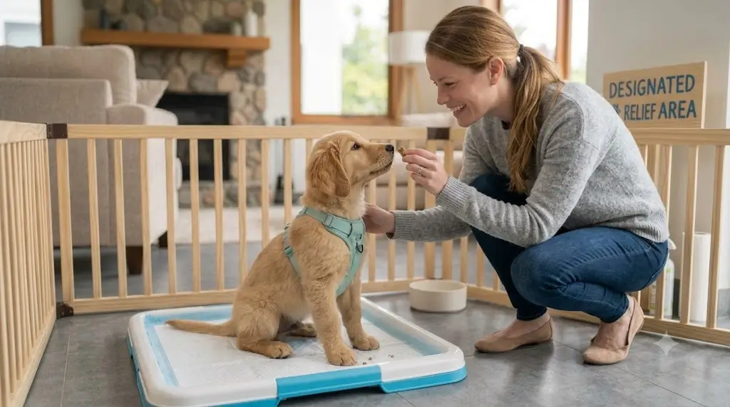 Pet owner giving a tasty treat reward to a puppy sitting calmly on an indoor pad after eliminating