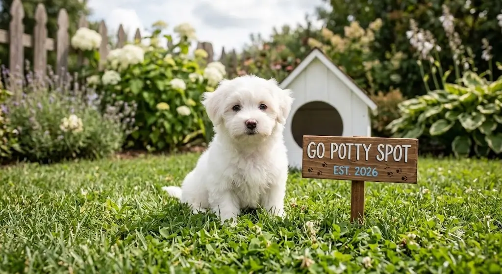 Cute white puppy outdoors on grass during house training routine