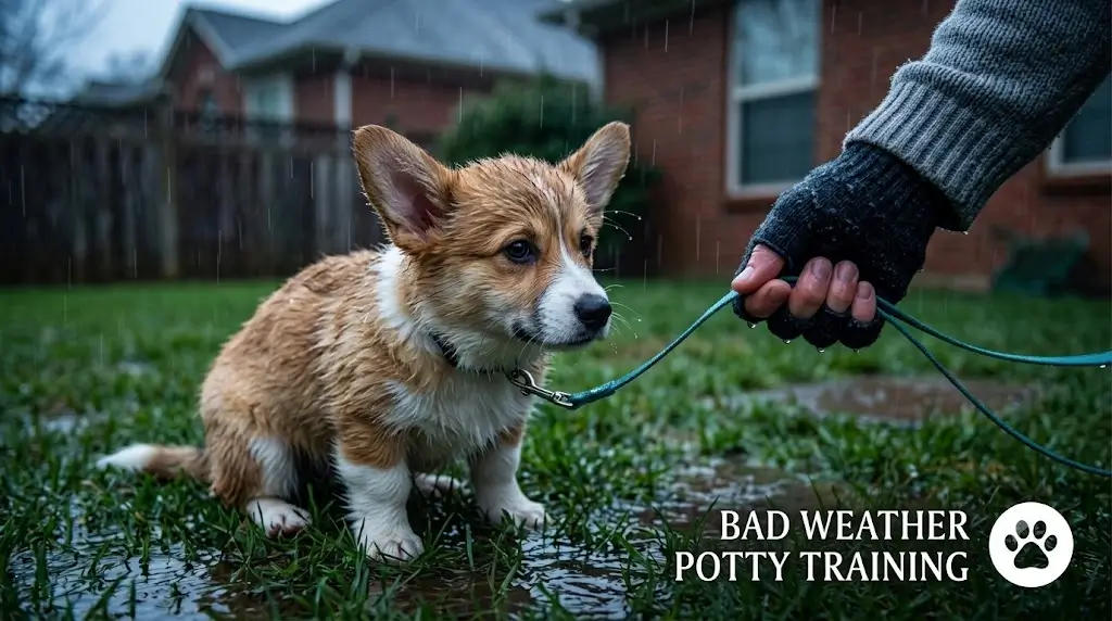 Puppy taking a bathroom break outdoors in cold rainy wet conditions