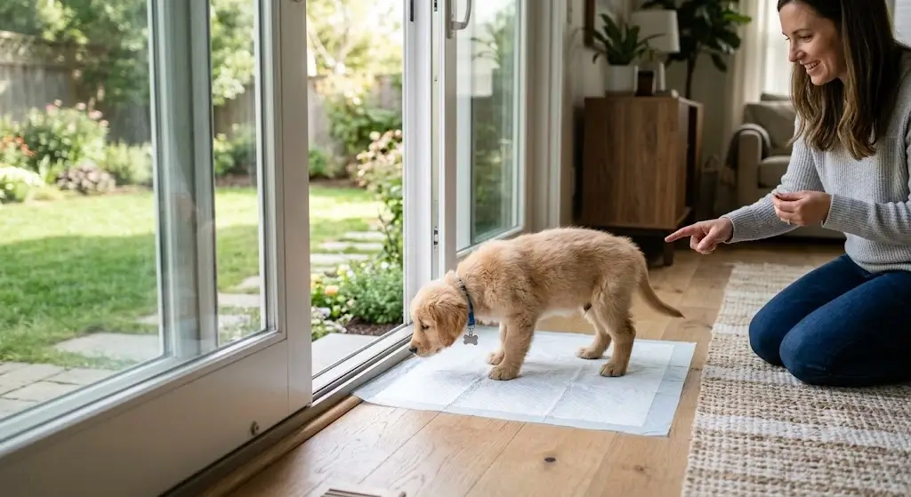 8-week-old puppy learning bathroom routine by the patio door