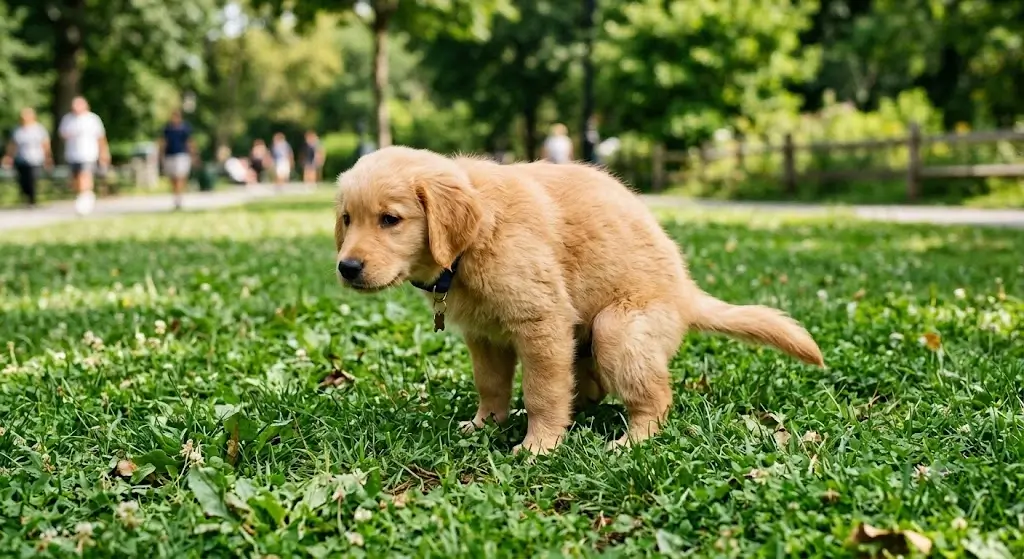 Golden retriever puppy squatting to eliminate on grass outdoors