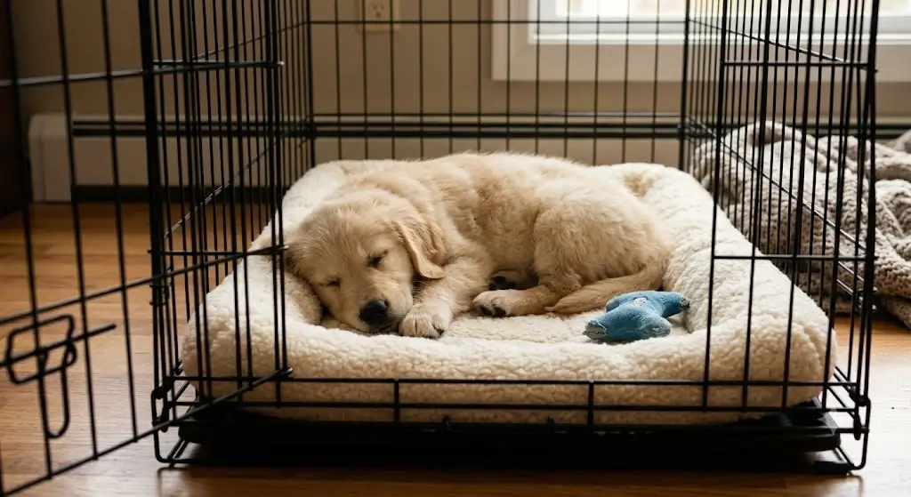 Young golden puppy peacefully sleeping on a soft bed inside a wire crate