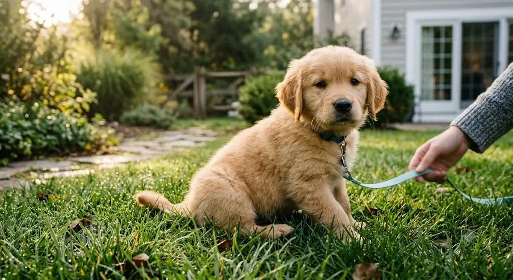 Puppy taken outside immediately after waking up for a morning potty break