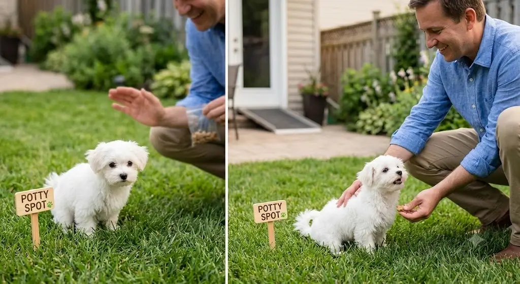 Cute white puppy outdoors on grass during house training routine