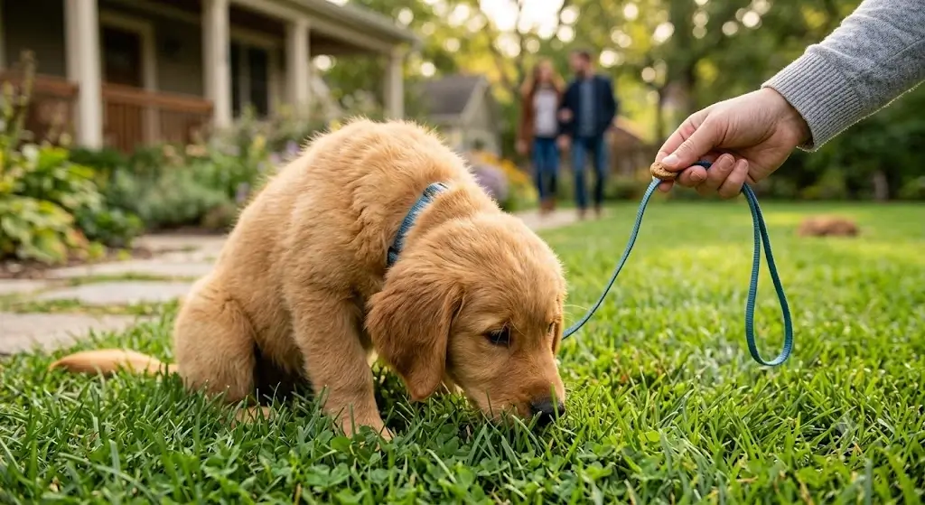 Puppy sniffing grass on leash after potty