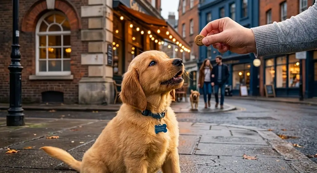 Small bite-sized puppy training treat in hand