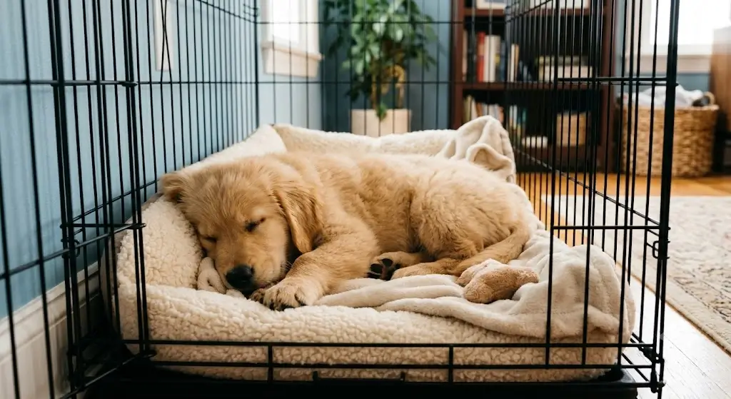 A fluffy golden retriever puppy sleeping peacefully inside a cozy, properly-sized wire crate with soft bedding