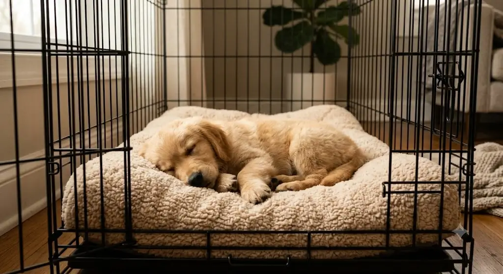 Young golden puppy peacefully sleeping on a soft bed inside a wire crate