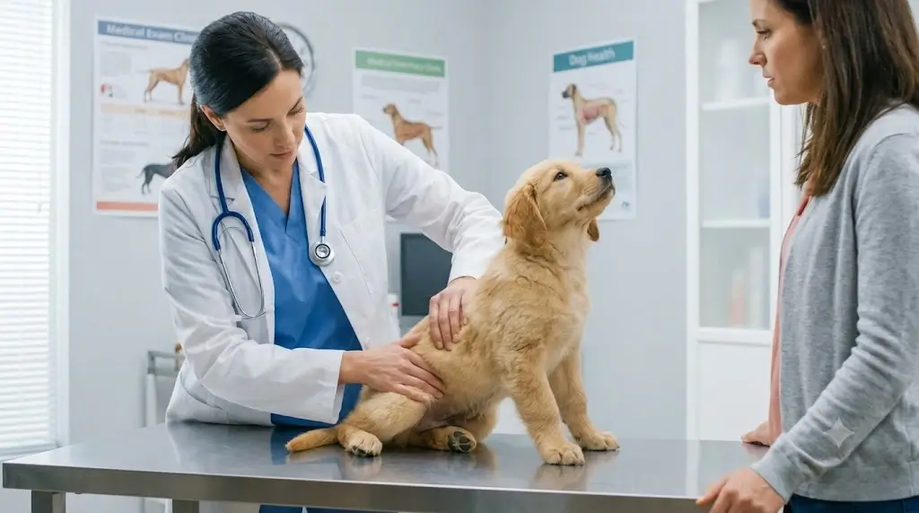 Veterinarian performing an exam on a puppy to check for underlying medical causes of accidents