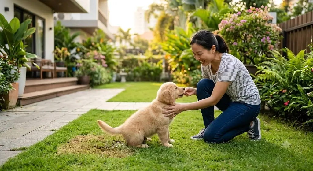 Owner immediately praising and rewarding puppy for outdoor elimination