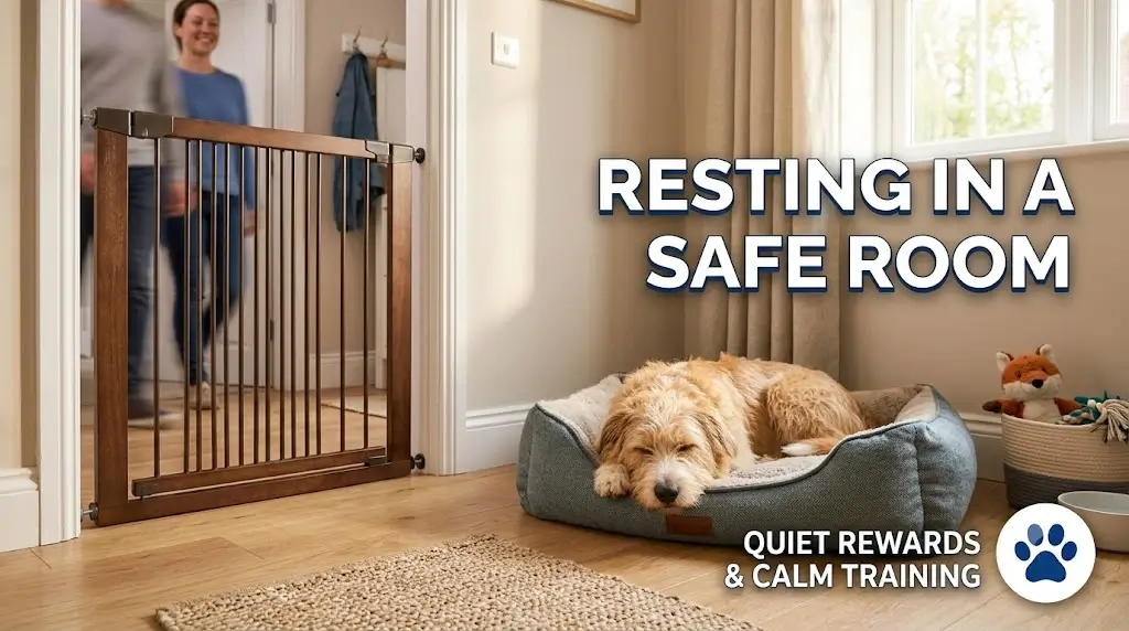 Rescue dog resting calmly in a designated indoor safe room with a baby gate