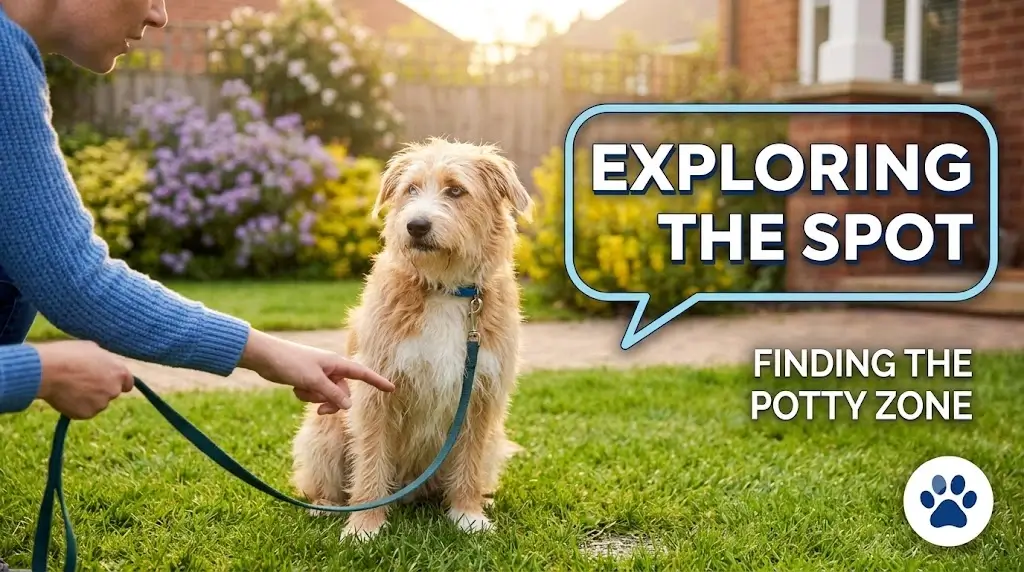 Newly adopted rescue dog exploring the yard on a leash during potty training