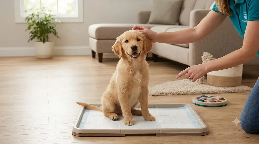 A secure puppy pee pad placed inside a non-slip plastic holder tray on easy-to-clean flooring