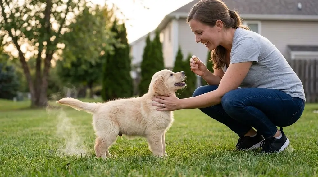 Puppy receiving a treat and praise immediately after eliminating outside