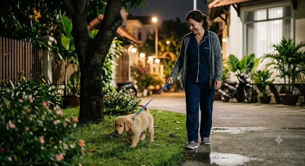 Dog owner taking a young puppy outside on a leash under low lighting for a quiet nighttime potty break