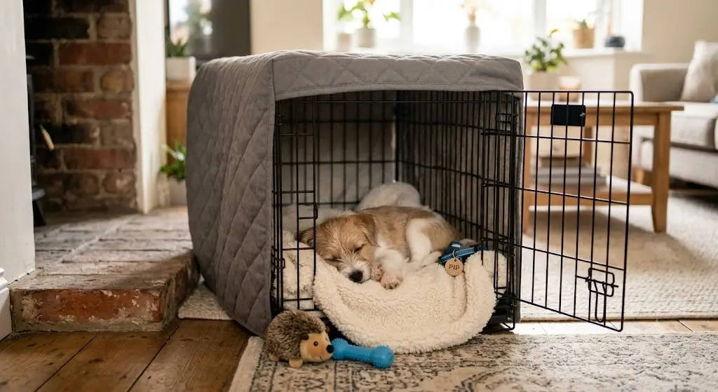 Puppy resting comfortably inside a cozy training crate