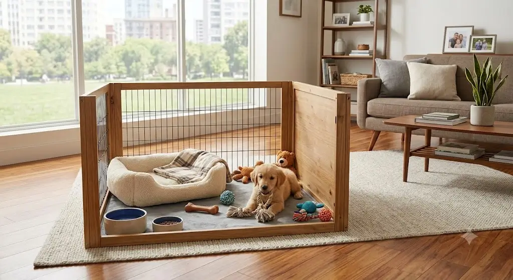 A puppy playpen with a comfortable bed, water bowl, and toys set up in a living room