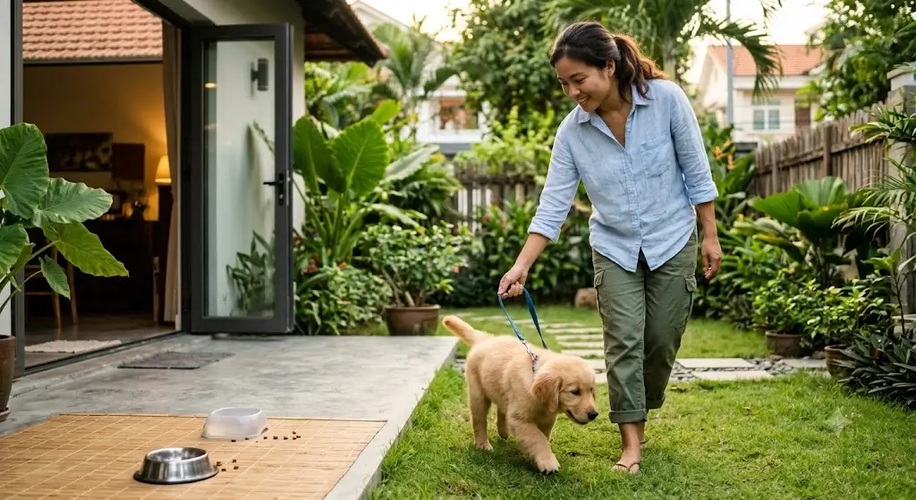 Dog owner leading a puppy outside to eliminate after eating a meal