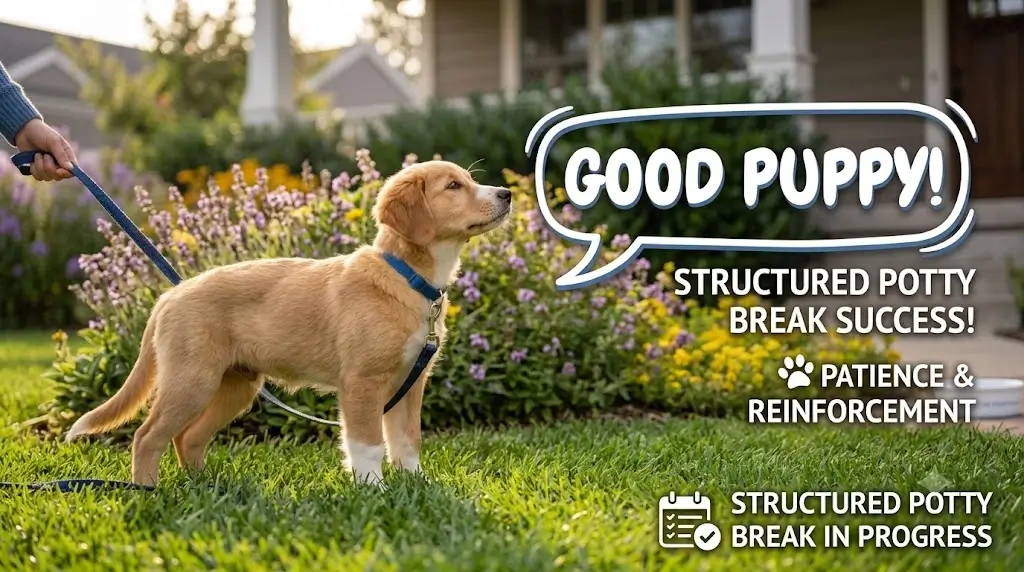 Dog standing patiently on leash on a grass lawn during a structured potty break