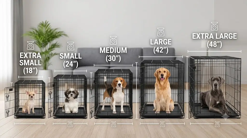 A comparative lineup of dog crates from extra small to extra large showing various breeds inside for size comparison