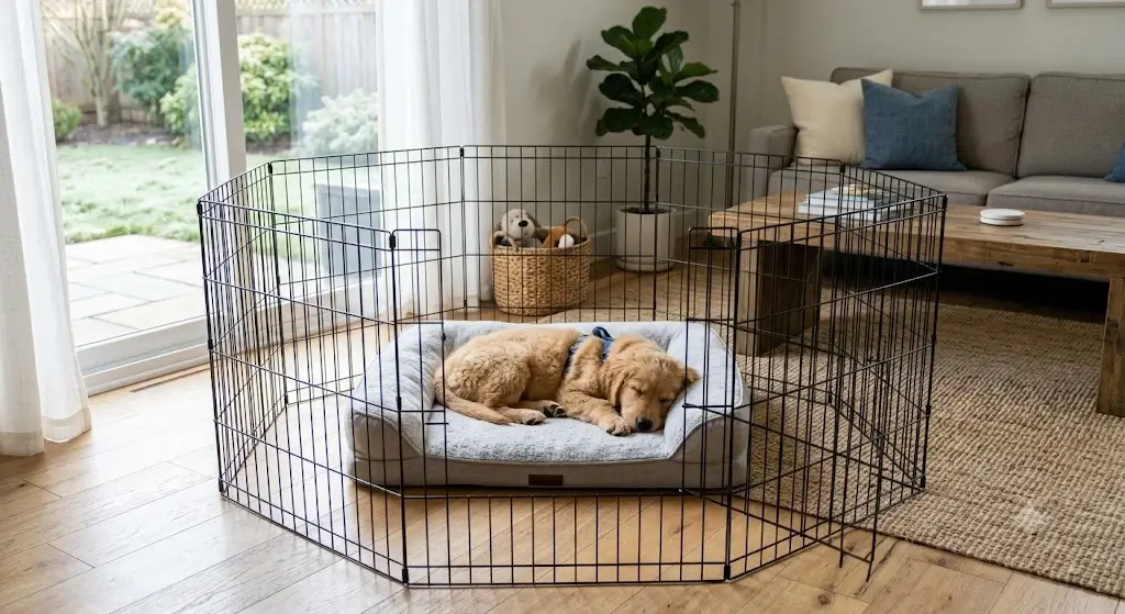 Golden Retriever puppy resting calmly inside an adjustable exercise pen in a living room