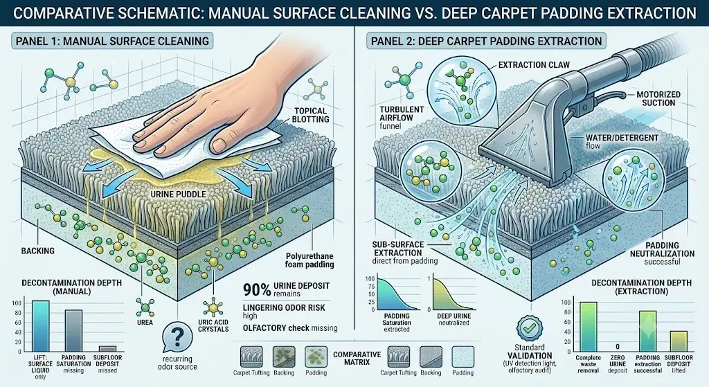Diagram showing manual surface cleaning versus deep carpet padding extraction
