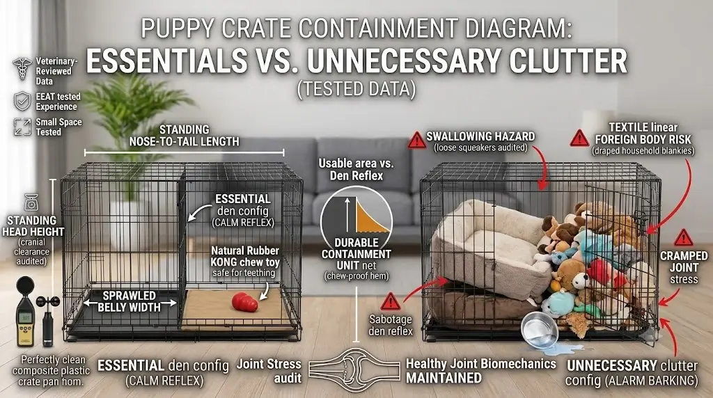 Technical diagram detailing essential puppy crate interior accessories versus unnecessary clutter