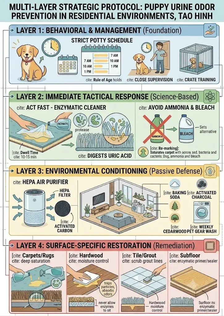 Multi-layer strategic protocol for preventing puppy urine odor across residential environments