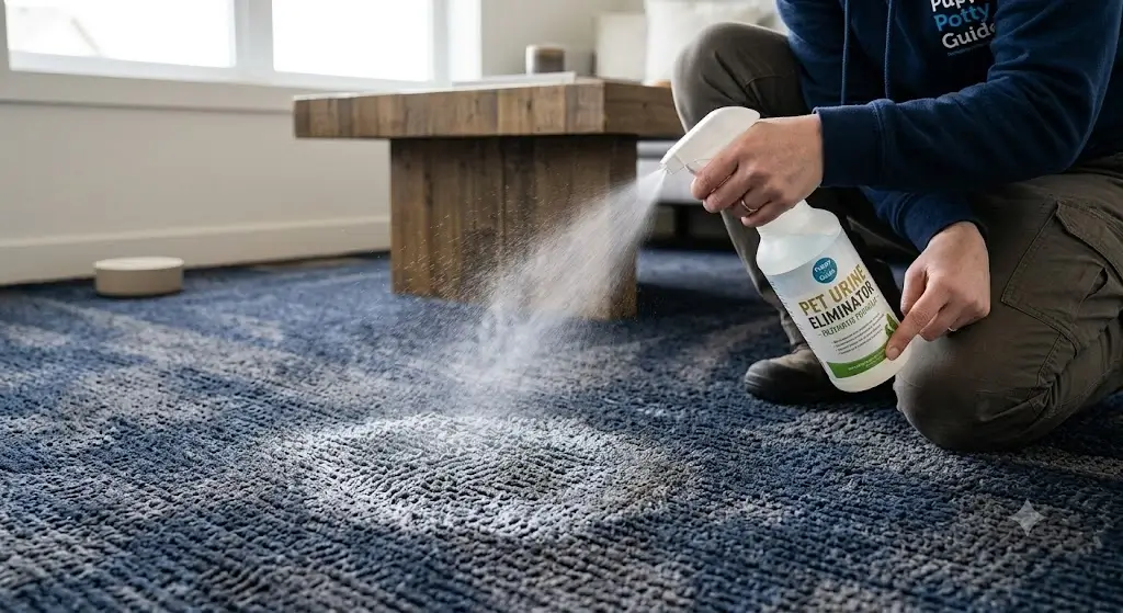 Applying bio-enzymatic cleaner spray thoroughly on carpet fibers to eliminate pet urine odors