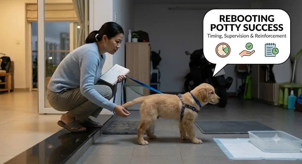 Dog owner taking a young puppy out on a leash quietly under low night light