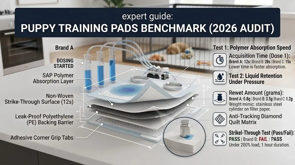 Bench testing puppy training pads comparing polymer absorption speed, liquid retention under pressure, and backing leak barriers