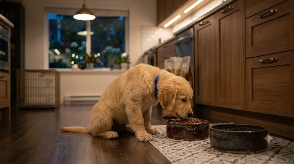 Puppy eating dinner from a bowl under kitchen evening light