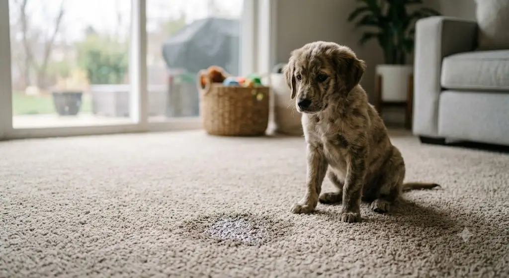 A small puppy sitting near an indoor urine accident spot on a living room carpet