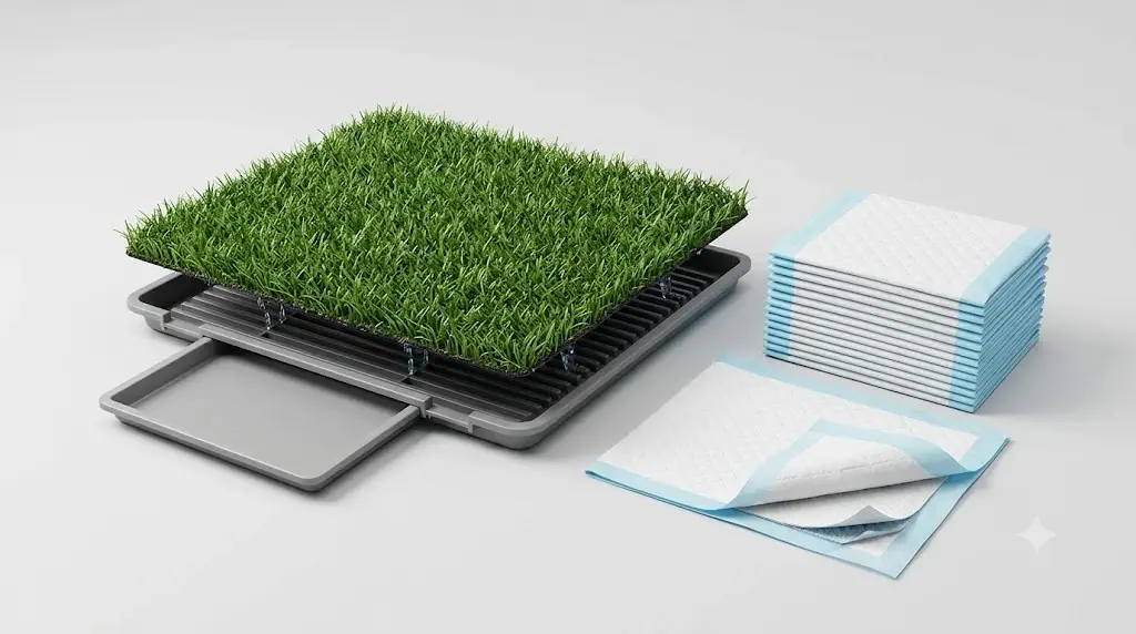 Grass potty vs pee pads comparing synthetic turf tray system with disposable training pad