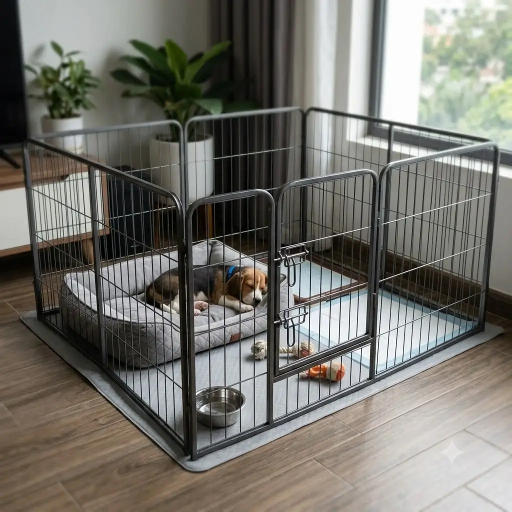 Puppy resting safely in a gated playpen area to prevent indoor accidents