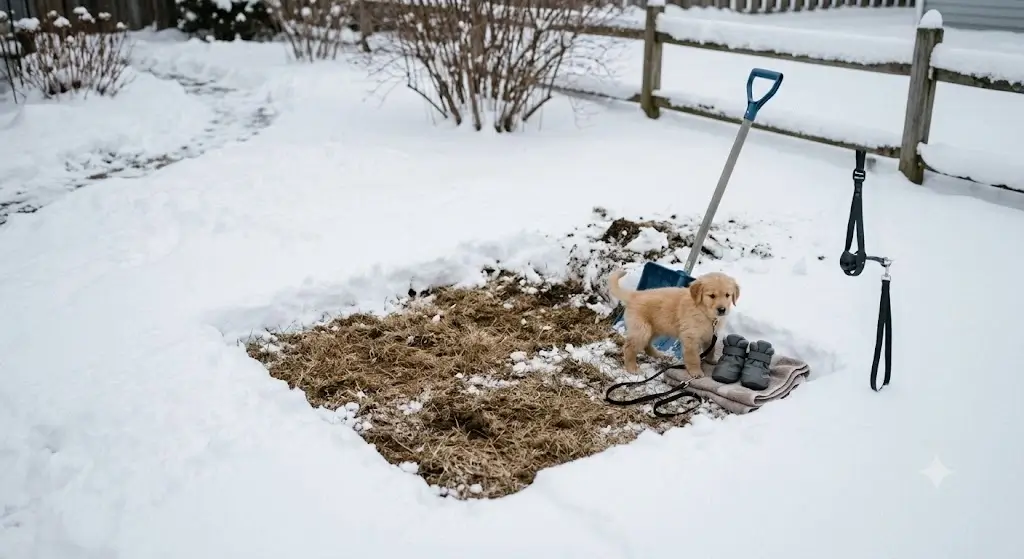 A small shoveled 3x3 foot patch of grass in deep snow prepared for puppy winter potty training