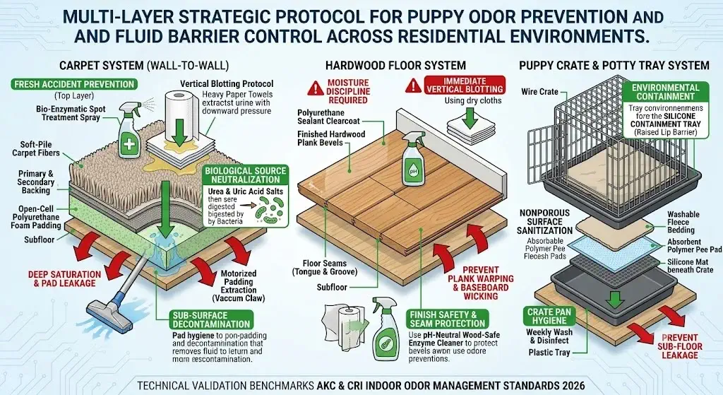 Diagram showing odor prevention and fluid barrier strategies across carpet, hardwood, and puppy crate systems