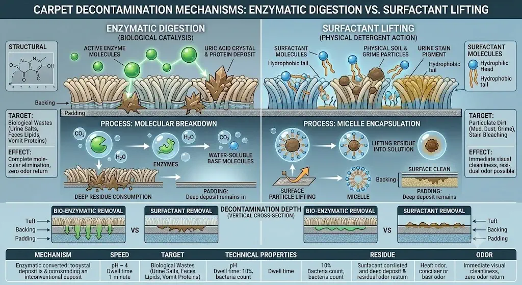 Diagram showing enzymatic digestion versus surfactant lifting on carpet fibers