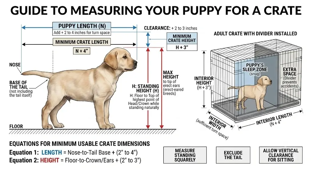 Technical diagram showing how to measure a puppy for a crate with length and height clearance lines