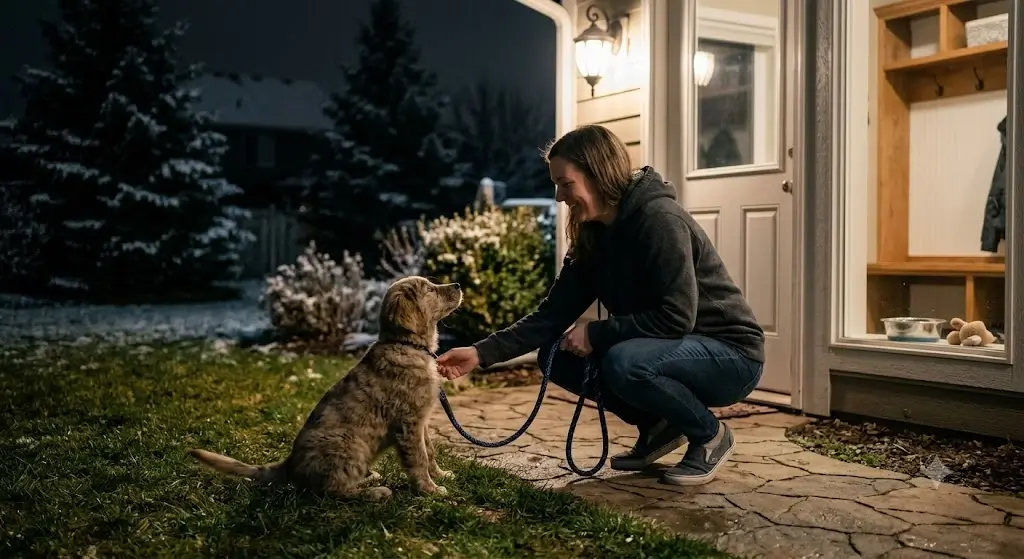 Dog owner taking a puppy outside on a leash in a backyard at night under soft porch light