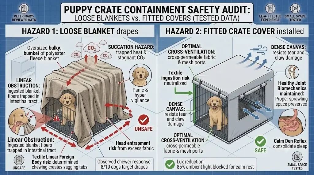 Diagram showing suffocation and chewing hazards of loose blankets versus fitted crate covers